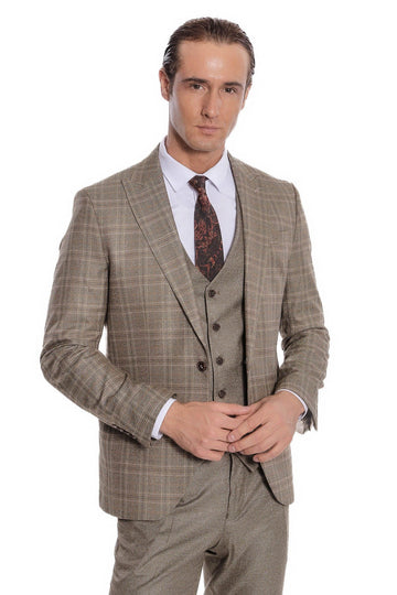 Men's Brown Windowpane Check 3-Piece Slim Fit Suit