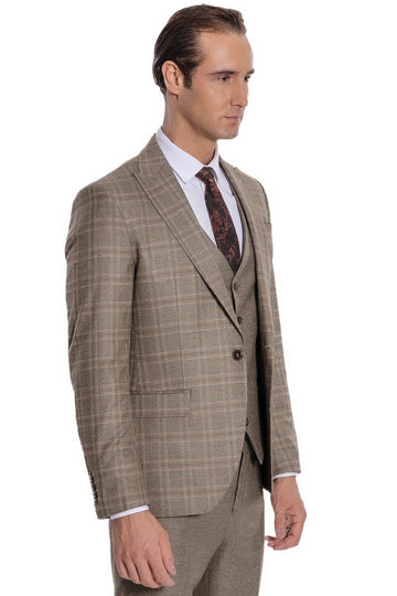 Men's Brown Windowpane Check 3-Piece Slim Fit Suit