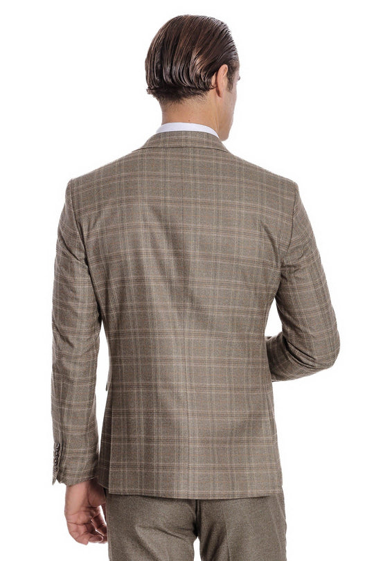 Men's Brown Windowpane Check 3-Piece Slim Fit Suit