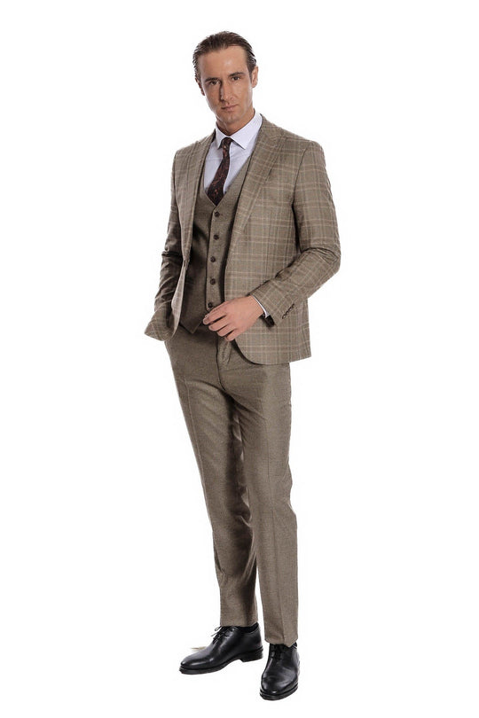 Men's Brown Windowpane Check 3-Piece Slim Fit Suit