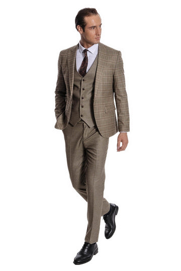 Men's Brown Windowpane Check 3-Piece Slim Fit Suit