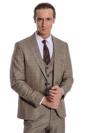Men's Brown Windowpane Check 3-Piece Slim Fit Suit
