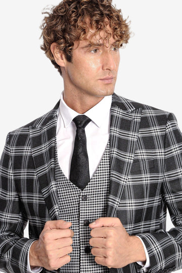 Men's Black Windowpane Check 3-Piece Slim Fit Combination Suit