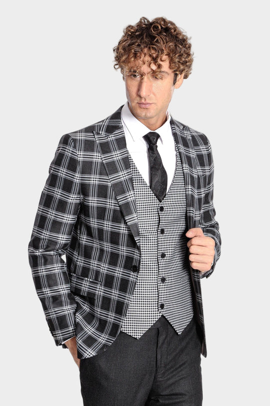 Men's Black Windowpane Check 3-Piece Slim Fit Combination Suit