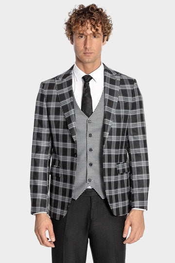 Men's Black Windowpane Check 3-Piece Slim Fit Combination Suit