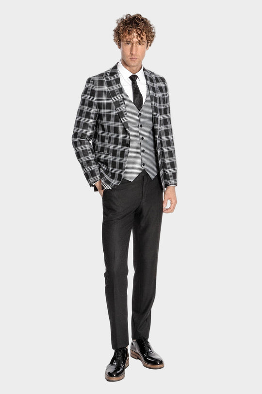 Men's Black Windowpane Check 3-Piece Slim Fit Combination Suit