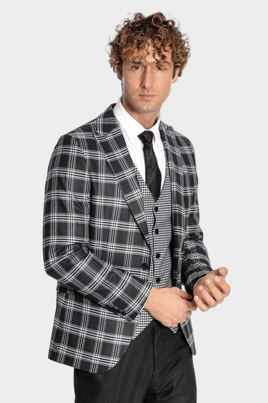 Men's Black Windowpane Check 3-Piece Slim Fit Combination Suit