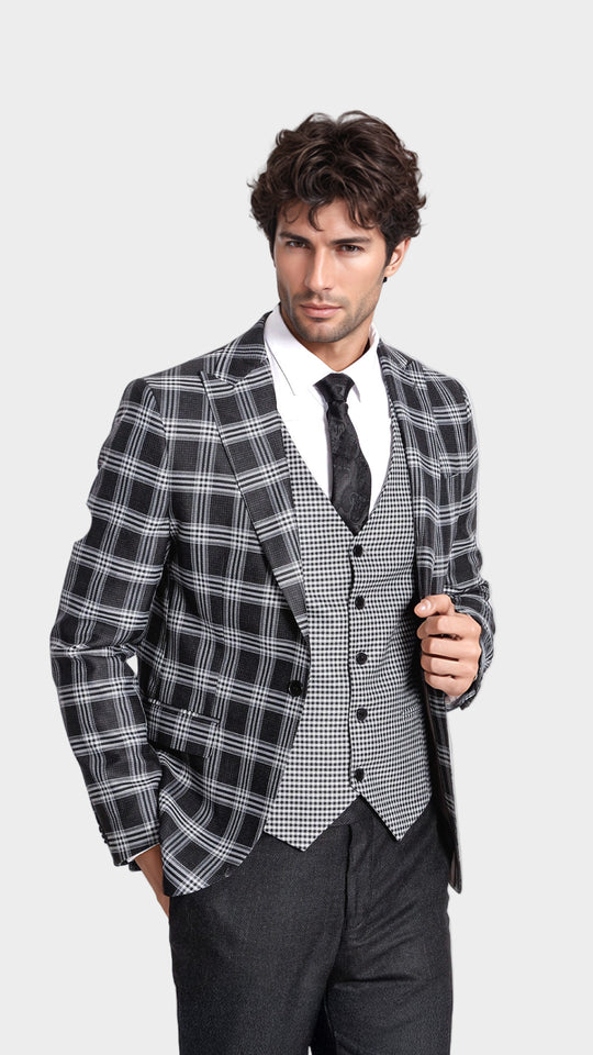 Men's Black Windowpane Check 3-Piece Slim Fit Combination Suit