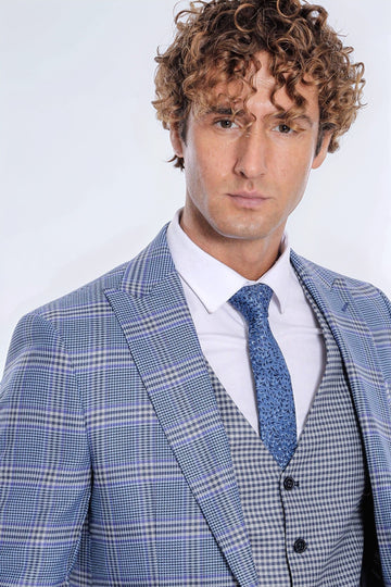 Men's Light Blue Windowpane Check 3-Piece Combination Suit