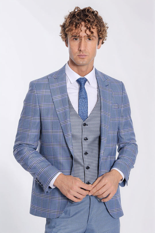 Men's Light Blue Windowpane Check 3-Piece Combination Suit