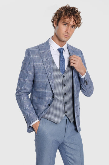 Men's Light Blue Windowpane Check 3-Piece Combination Suit