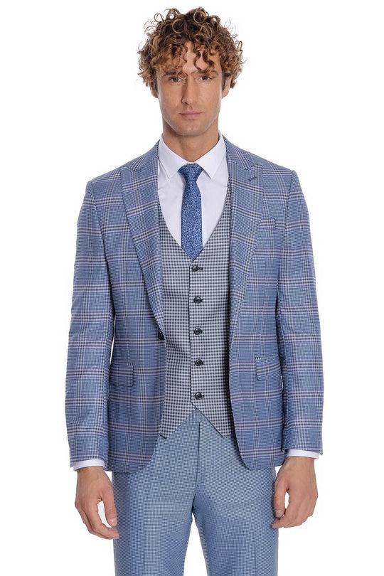 Men's Light Blue Windowpane Check 3-Piece Combination Suit