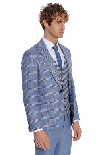 Men's Light Blue Windowpane Check 3-Piece Combination Suit