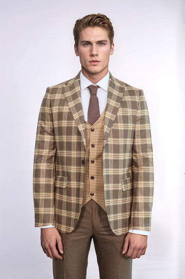 Men's Light Brown Windowpane Check 3-Piece Slim Fit Combination Suit
