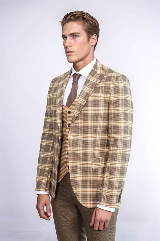 Men's Light Brown Windowpane Check 3-Piece Slim Fit Combination Suit
