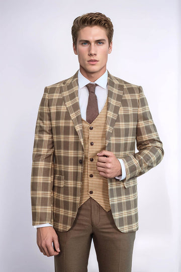 Men's Light Brown Windowpane Check 3-Piece Slim Fit Combination Suit