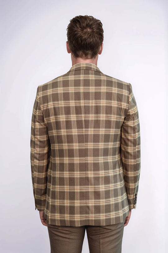 Men's Light Brown Windowpane Check 3-Piece Slim Fit Combination Suit