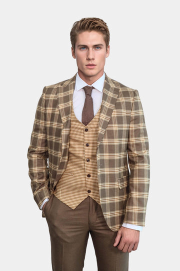 Men's Light Brown Windowpane Check 3-Piece Slim Fit Combination Suit