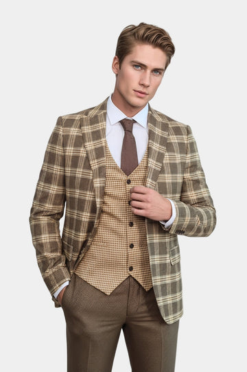 Men's Light Brown Windowpane Check 3-Piece Slim Fit Combination Suit