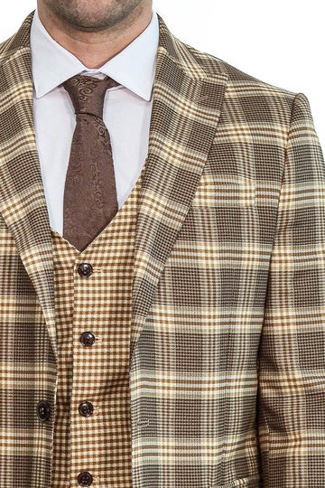 Men's Light Brown Windowpane Check 3-Piece Slim Fit Combination Suit