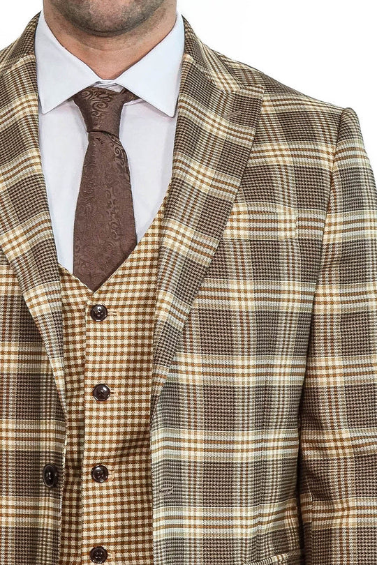Men's Light Brown Windowpane Check 3-Piece Slim Fit Combination Suit
