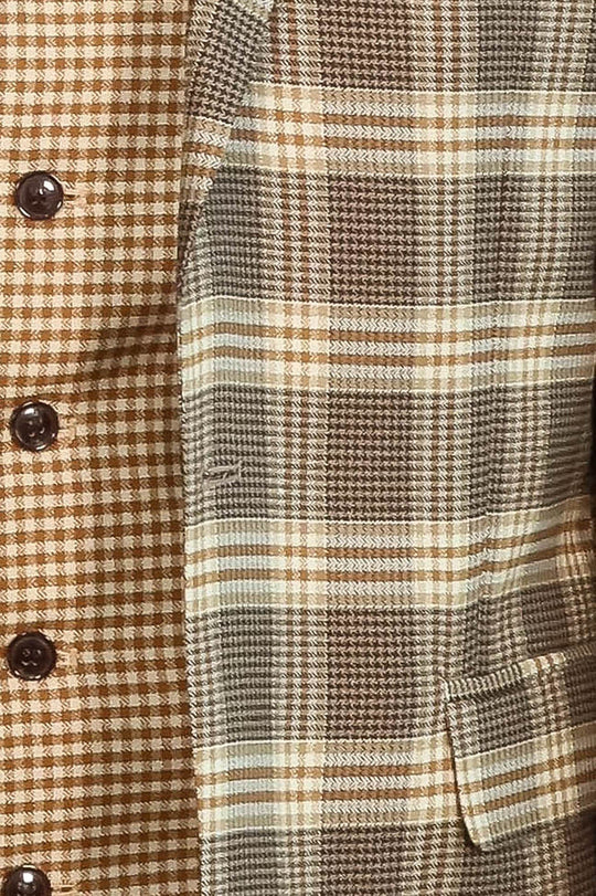 Men's Light Brown Windowpane Check 3-Piece Slim Fit Combination Suit