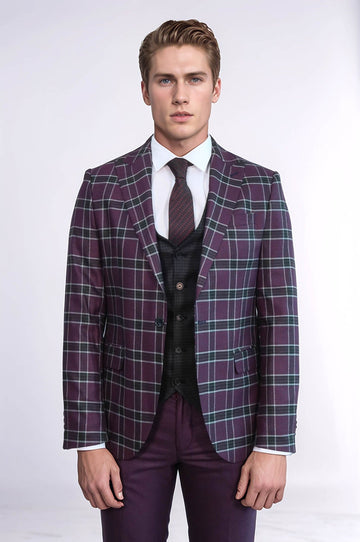 Men's Burgundy Windowpane Check 3-Piece Slim Fit Combination Suit