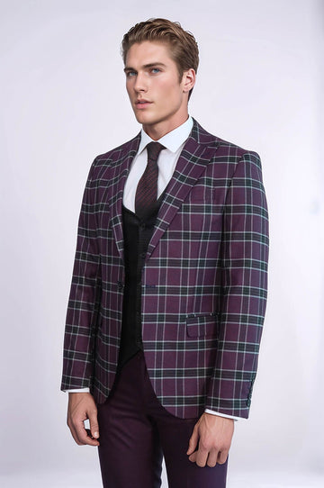 Men's Burgundy Windowpane Check 3-Piece Slim Fit Combination Suit