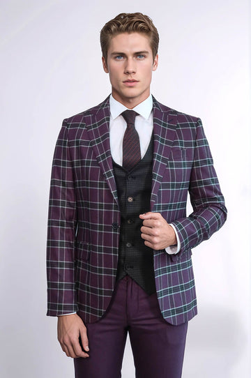 Men's Burgundy Windowpane Check 3-Piece Slim Fit Combination Suit