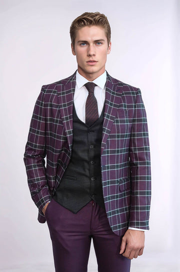 Men's Burgundy Windowpane Check 3-Piece Slim Fit Combination Suit