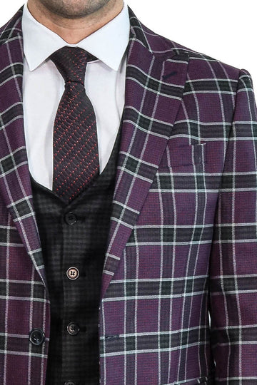 Men's Burgundy Windowpane Check 3-Piece Slim Fit Combination Suit