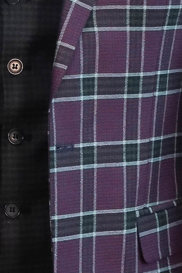 Men's Burgundy Windowpane Check 3-Piece Slim Fit Combination Suit