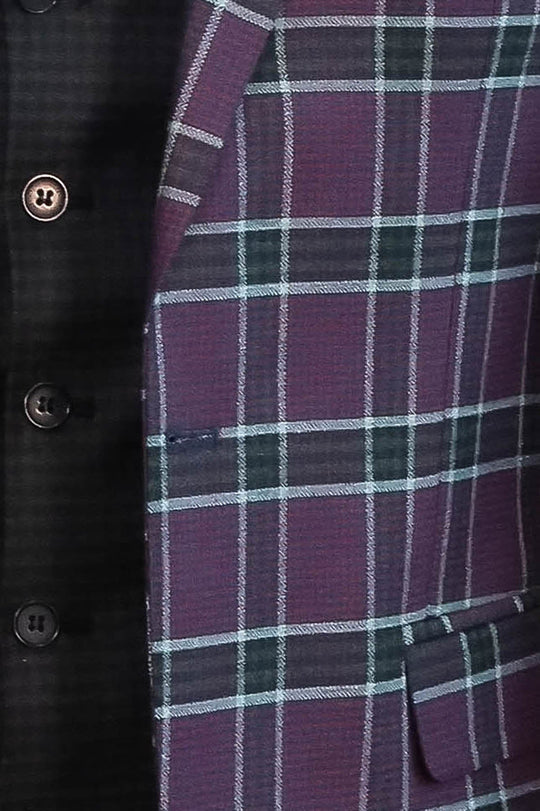 Men's Burgundy Windowpane Check 3-Piece Slim Fit Combination Suit