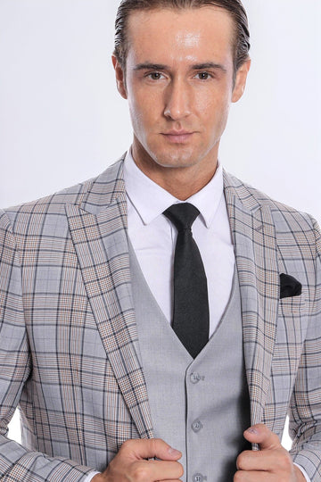 Men's Light Grey Windowpane Check 3-Piece Slim Fit Combination Suit