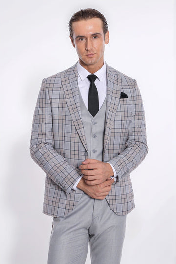 Men's Light Grey Windowpane Check 3-Piece Slim Fit Combination Suit