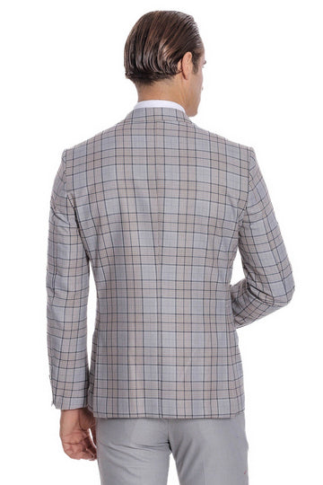 Men's Light Grey Windowpane Check 3-Piece Slim Fit Combination Suit