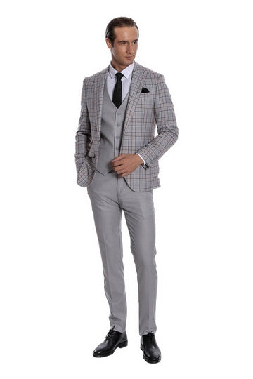 Men's Light Grey Windowpane Check 3-Piece Slim Fit Combination Suit