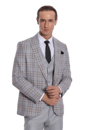 Men's Light Grey Windowpane Check 3-Piece Slim Fit Combination Suit