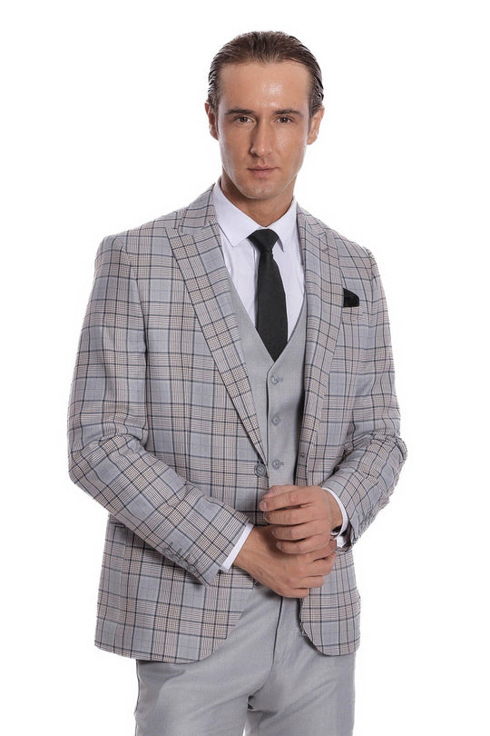 Men's Light Grey Windowpane Check 3-Piece Slim Fit Combination Suit
