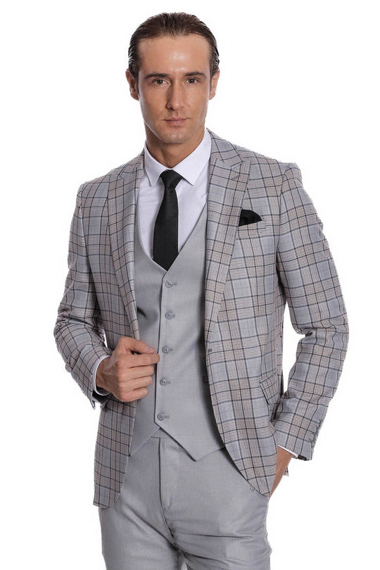 Men's Light Grey Windowpane Check 3-Piece Slim Fit Combination Suit