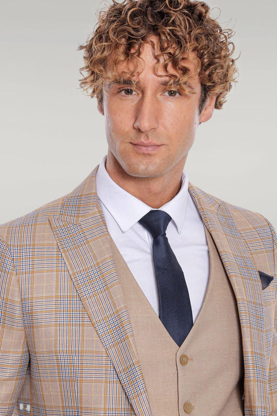 Men's Beige Checked 3-Piece Slim Fit Suit with Tailored Waistcoat