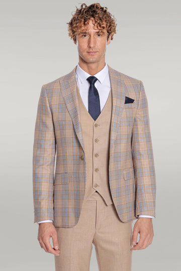Men's Beige Checked 3-Piece Slim Fit Suit with Tailored Waistcoat