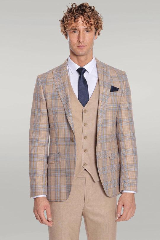 Men's Beige Checked 3-Piece Slim Fit Suit with Tailored Waistcoat