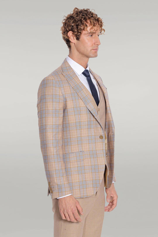 Men's Beige Checked 3-Piece Slim Fit Suit with Tailored Waistcoat