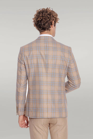 Men's Beige Checked 3-Piece Slim Fit Suit with Tailored Waistcoat