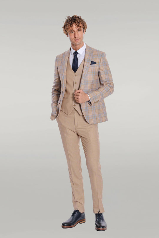 Men's Beige Checked 3-Piece Slim Fit Suit with Tailored Waistcoat