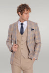 Men's Beige Checked 3-Piece Slim Fit Suit with Tailored Waistcoat