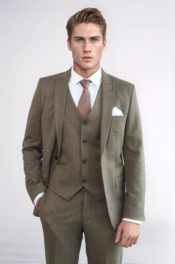 Men's Hickory Brown Pinstripe 3-Piece Slim Fit Suit
