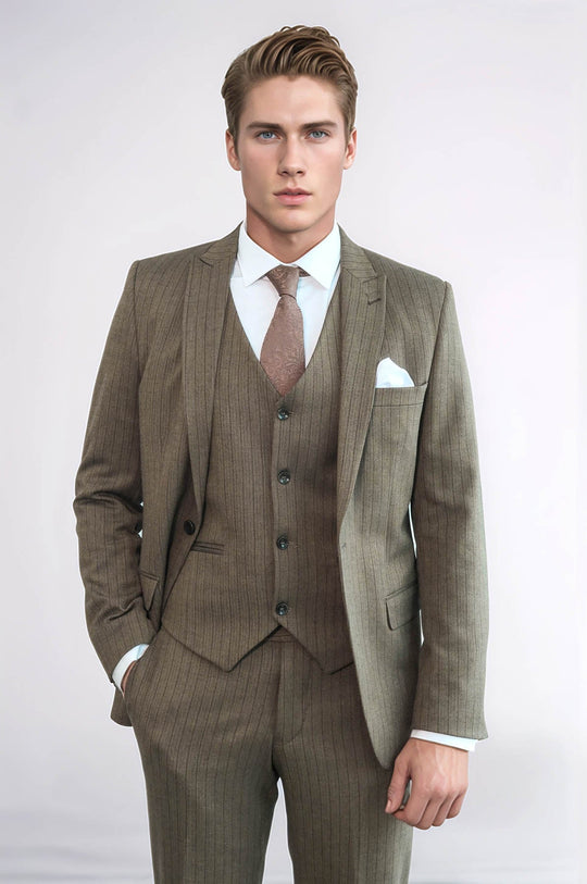 Men's Hickory Brown Pinstripe 3-Piece Slim Fit Suit