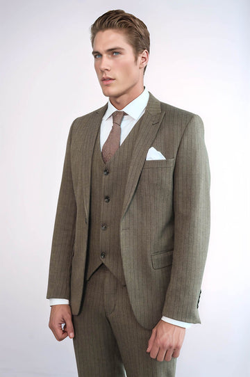 Men's Hickory Brown Pinstripe 3-Piece Slim Fit Suit